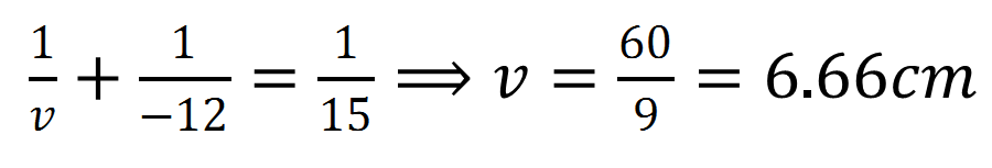 A 4.5 cm needle is placed 12 cm away from a convex mirror of focal length 15 cm. Give the location of the image and the magnification. Describe what happens as the needle is moved farther from the mirror.