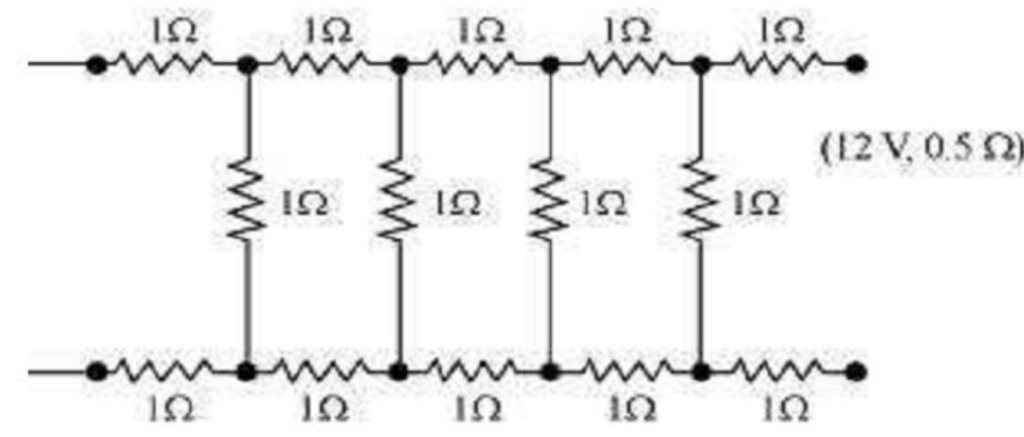 Determine the current drawn from a 12 V supply with internal resistance 0.5 Ω by the infinite network shown in Fig.  Each resistor has 1 Ω resistance.