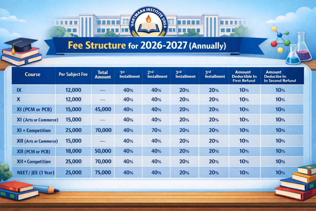 Fee Structure 2026–2027 table of Vartmaan Institute Sirsa showing course-wise fees, installments, and refund policy.